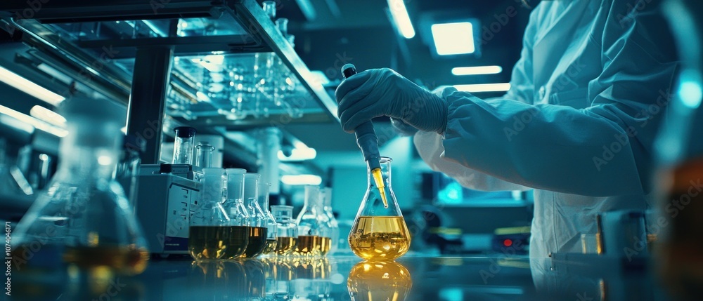 Aufkleber Scientist in a Lab Using a Pipette to Transfer Liquid into a Flask