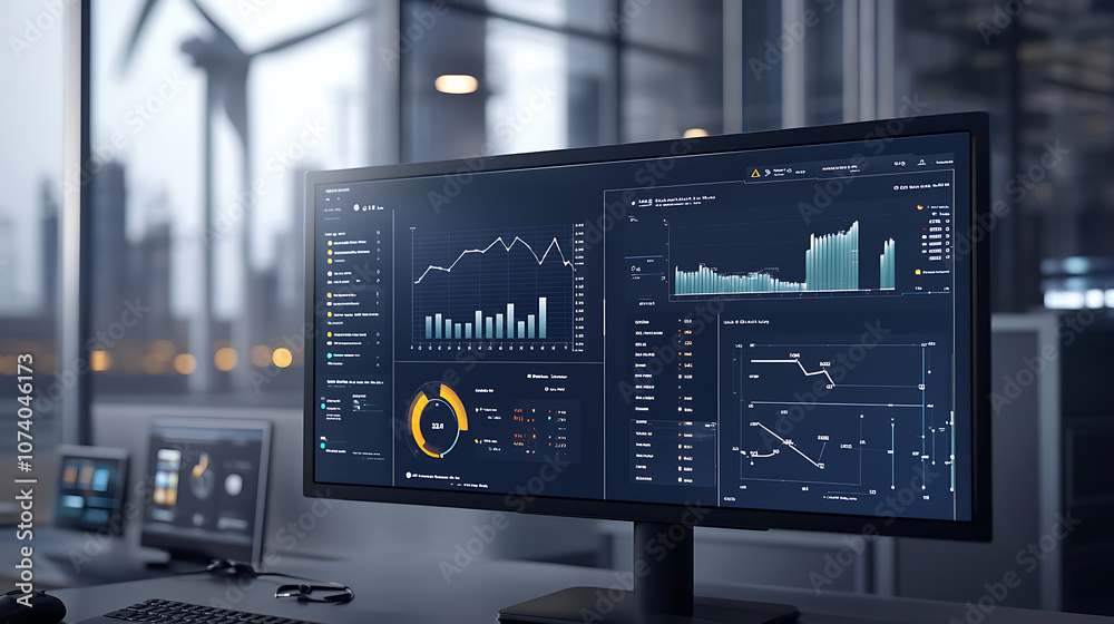Poster Digital display showcasing wind turbine data analysis and efficiency metrics for alternative energy production, Features cost monitoring and performance insights