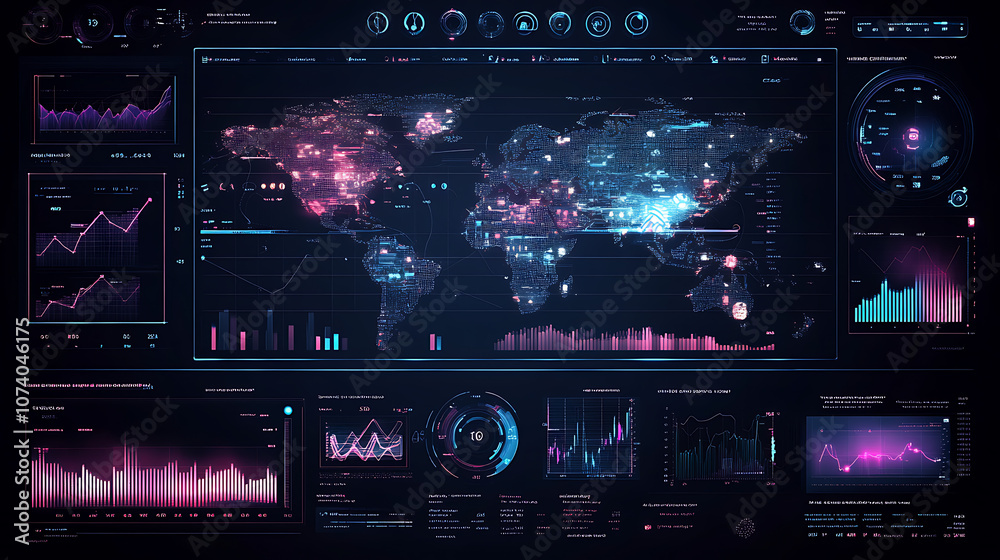 Poster Digital interface showing a global business network, with a touch screen map and financial graphs on a dark background