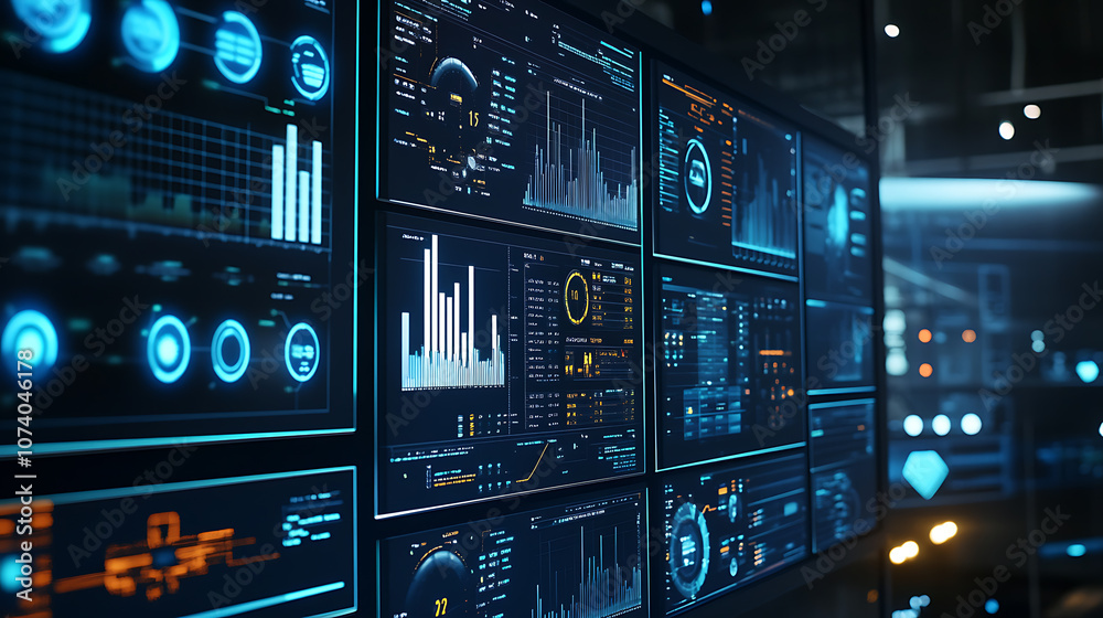 Poster Digital display showcasing wind turbine data analysis and efficiency metrics for alternative energy production, Features cost monitoring and performance insights