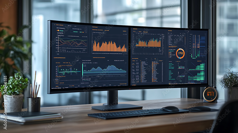 Poster Digital display showcasing wind turbine data analysis and efficiency metrics for alternative energy production, Features cost monitoring and performance insights