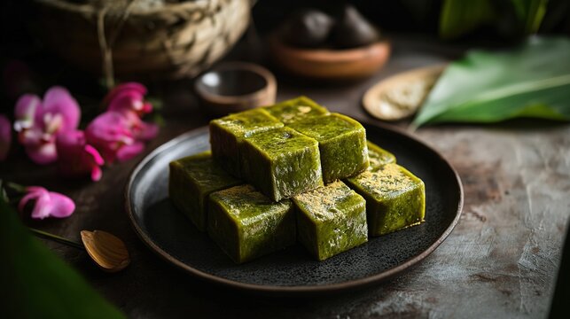 A traditional Malay Kelantan kuih called "Cek Mek Molek," placed on a plate on the table. The delicate, golden-brown kuih is captured in a dark mode cinematic photography style, 
