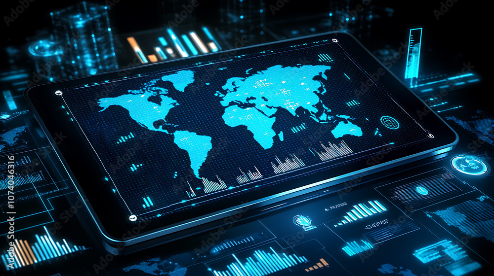 Poster Digital interface showing a global business network, with a touch screen map and financial graphs on a dark background