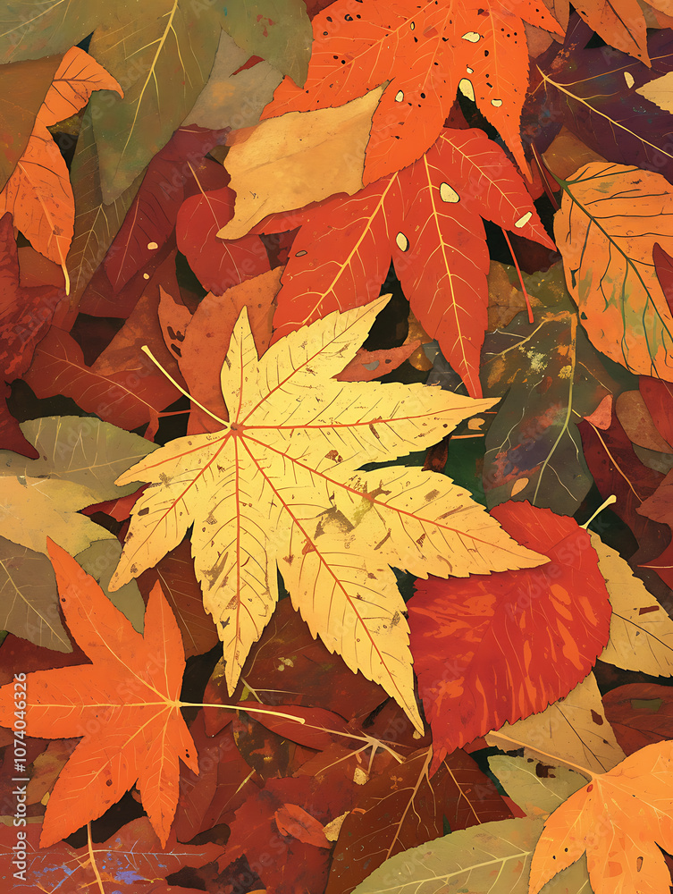 Poster a background of colorful autumn leaves in various shades, with one leaf showing detailed textures an