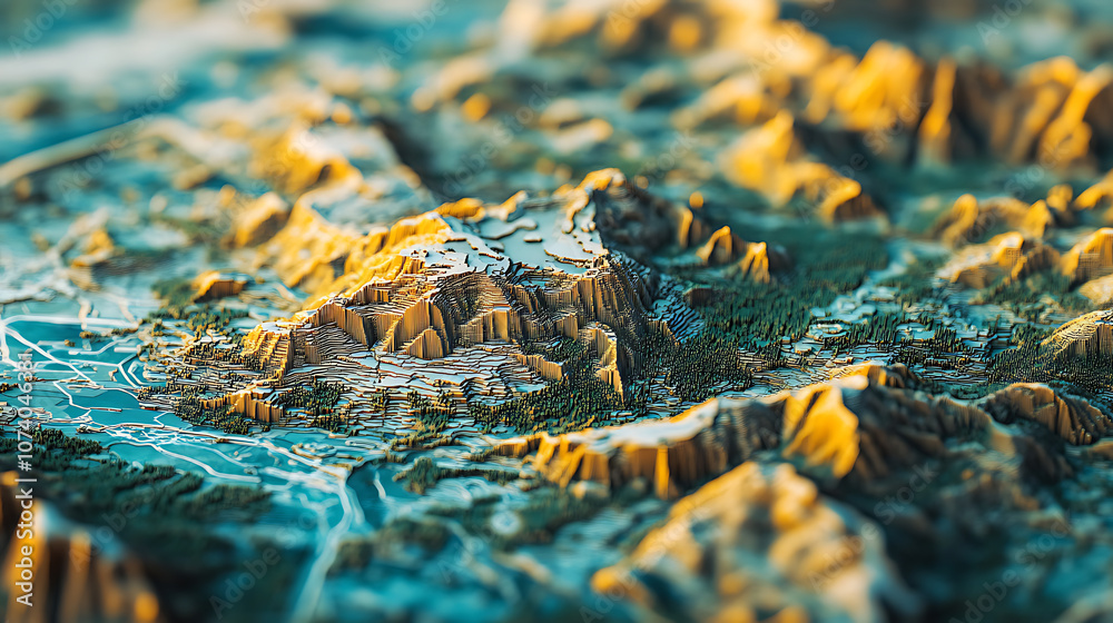 Poster Digital 3D map terrain showcasing GIS geodata mapping concept, highlighting topography, elevation, and spatial data for advanced geographic analysis