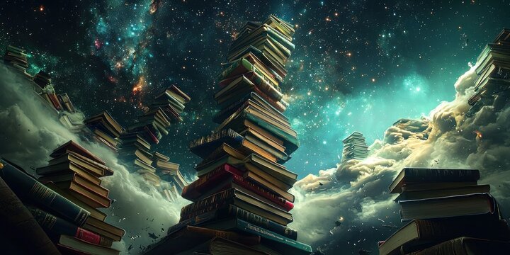 A Tower of Books Rising Through Clouds into a Starry Sky