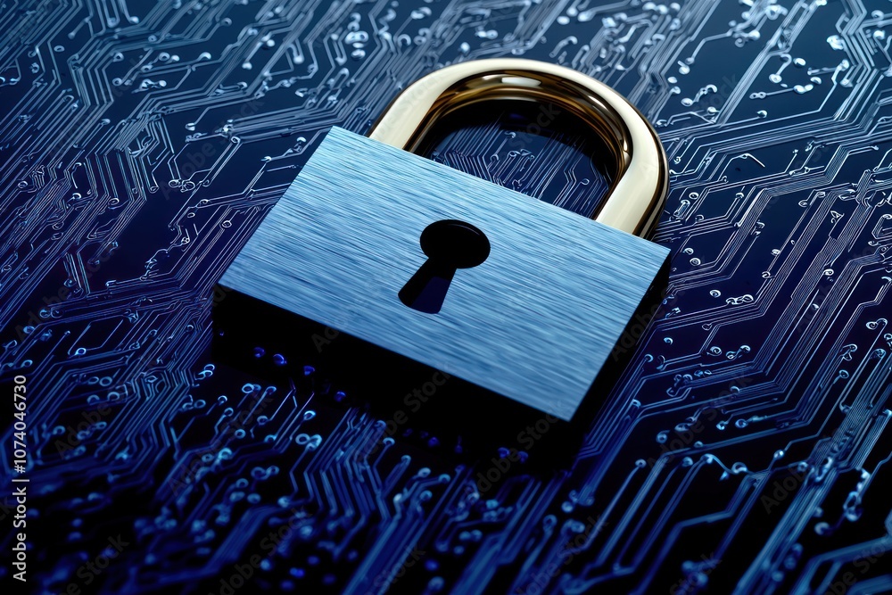 Poster padlock on a circuit board representing cybersecurity