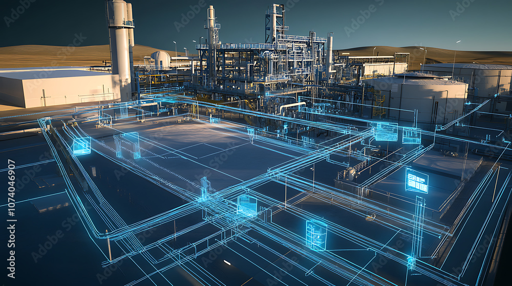 Poster a digital illustration of an oil production plant with blue and white data visualization lines overl
