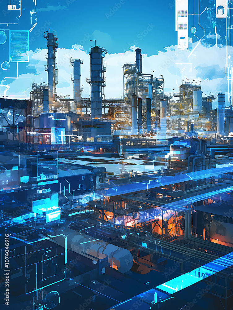 Aufkleber a digital illustration of an oil production plant with blue and white data visualization lines overl