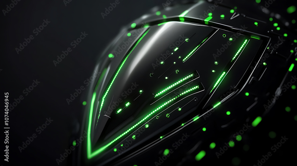 Poster A digital shield with green light accents, representing data protection and security in cyber space The background is dark black to emphasize the glow of the shield