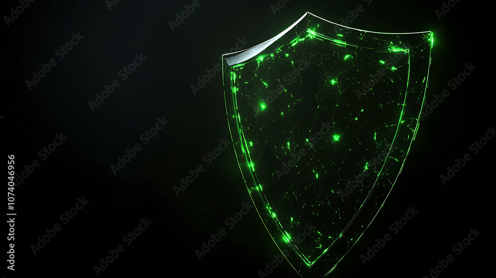 Poster A digital shield with green light accents, representing data protection and security in cyber space The background is dark black to emphasize the glow of the shield