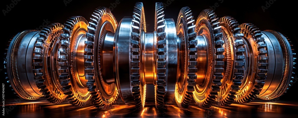 Poster Close-up of a Shiny, Glowing Turbine Rotor with Interlocking Gears