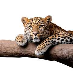 Fototapeta premium Leopard lying on tree branch on transparent background