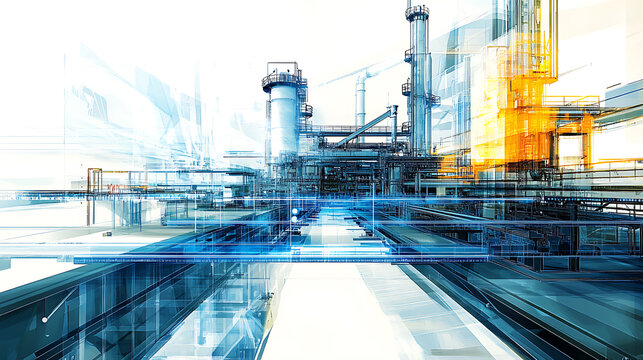 A digital illustration of an oil production plant with blue and white data visualization lines overlaying the scene, symbolizing technology integration in industrial operator training