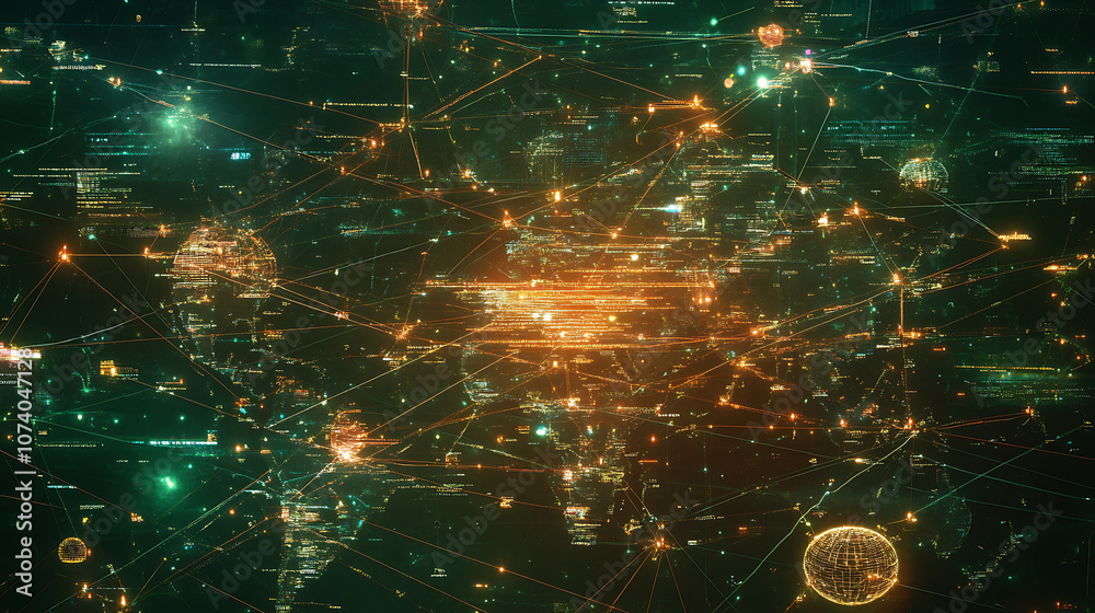 Poster a digital representation of global communication networks, showcasing interconnected nodes and data 