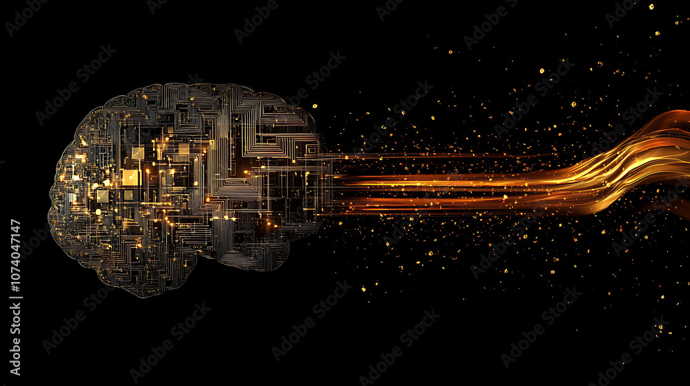 Poster A futuristic digital brain made of circuitry, connected to an abstract AI energy stream on the right side, all set against a dark background