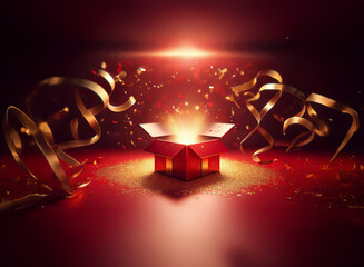 A red gift box with golden confetti and ribbons exploding from it against a red background.