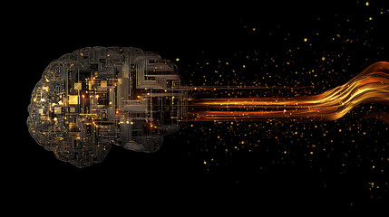 A futuristic digital brain made of circuitry, connected to an abstract AI energy stream on the right side, all set against a dark background