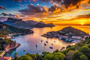Breathtaking Panoramic Silhouette of Port de Soller Bay at Sunset with Vibrant Colors and Dramatic Clouds Over the Mediterranean Coastline in Mallorca, Spain