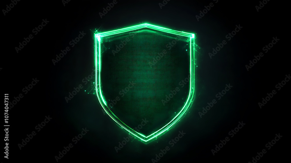 Aufkleber A green cyber security shield icon glowing on a black background with digital data and network connection technology concept