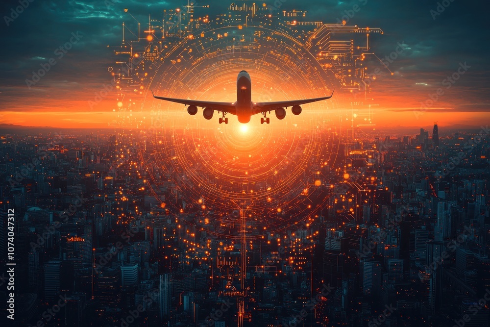 Poster airplane flying over a city at sunset with an abstract digital pattern in the sky