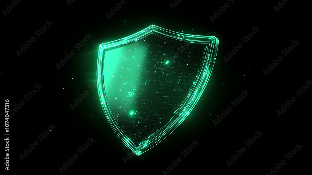 Poster A green cyber security shield icon glowing on a black background with digital data and network connection technology concept