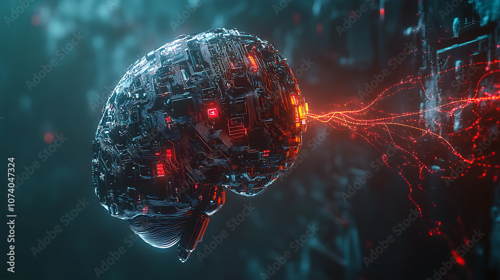 Leinwandbilder a futuristic digital brain made of circuitry, connected to an abstract ai energy stream on the right