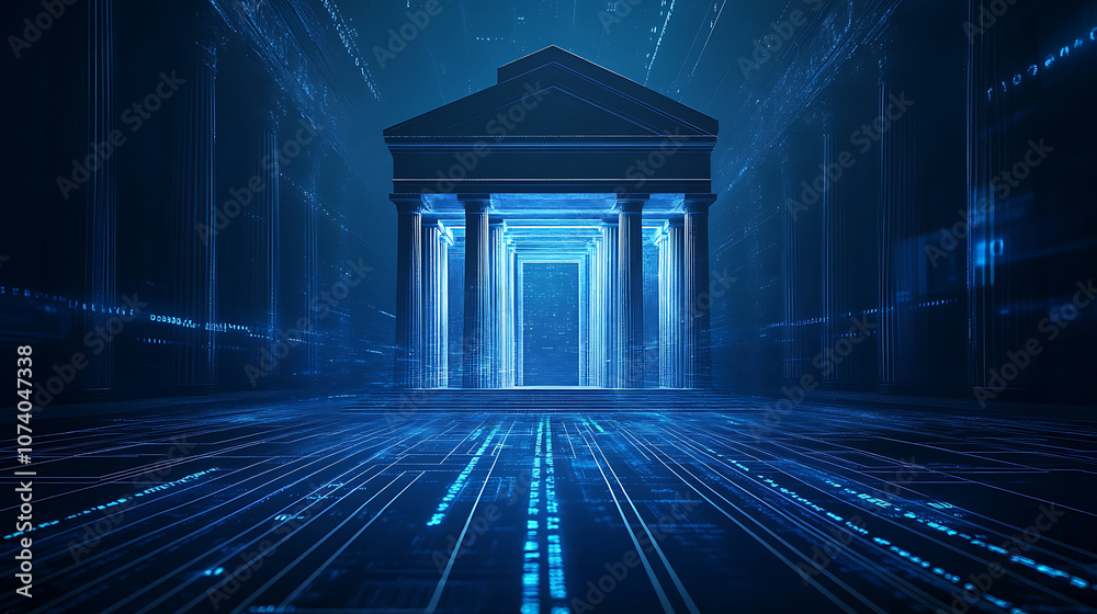 Poster A futuristic icon of an open bank building with columns, surrounded by digital lines and data curves on a dark blue background, representing the evolution to artificial intelligence