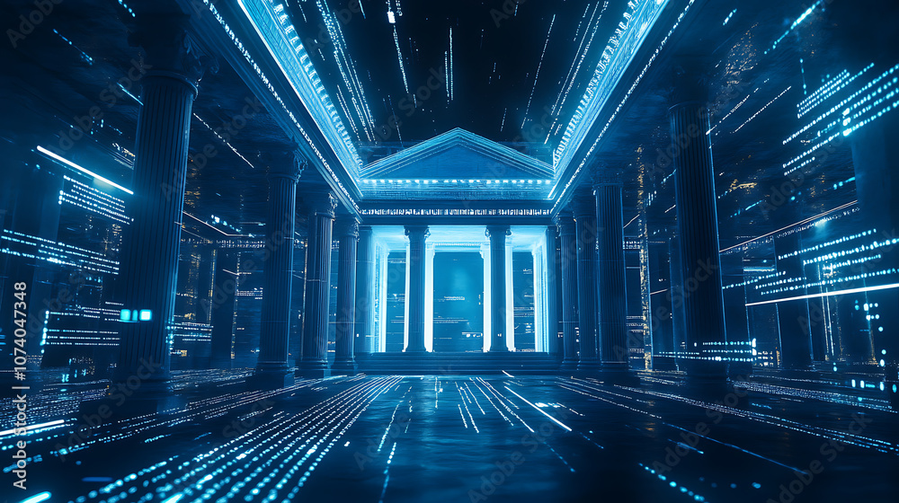 Poster A futuristic icon of an open bank building with columns, surrounded by digital lines and data curves on a dark blue background, representing the evolution to artificial intelligence