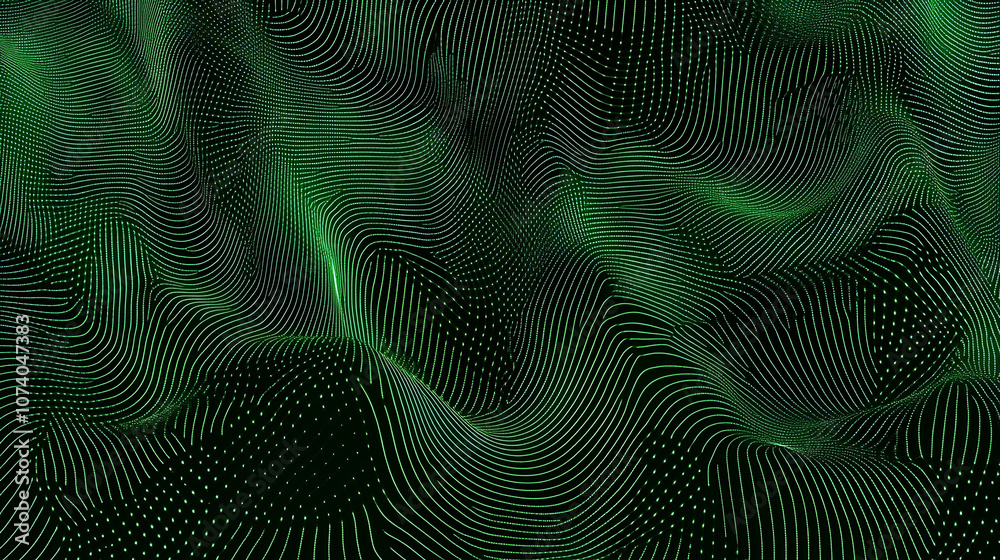 Poster Green abstract background with gradient dots and wavy lines gradient halftone pattern