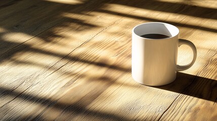 White mug on a wooden table with soft shadowing
