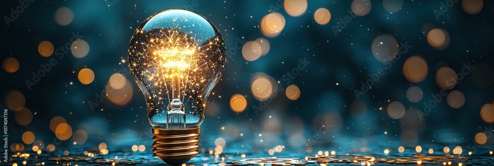 Poster a glowing light bulb with sparks and bokeh lights