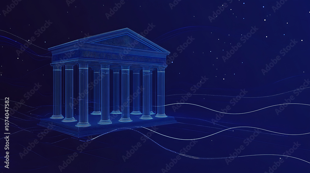 Poster a futuristic icon of an open bank building with columns, surrounded by digital lines and data curves