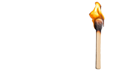 Single burning matchstick on transparent background