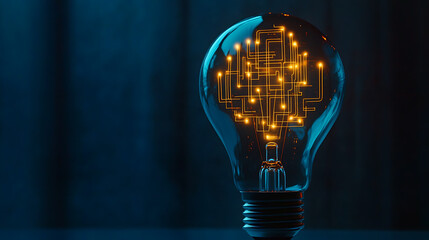 A light bulb with glowing neon circuit patterns inside, symbolizing innovation and technology in the digital age on a dark blue background
