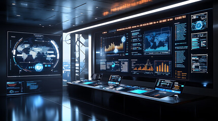 High-tech display showcasing data analysis and information diagrams, with wind turbines in the background, symbolizing renewable energy and sustainable technology