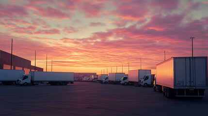 A line of white trucks parked in front of an industrial warehouse at sunset, representing the role and importance of the transportation industry in society