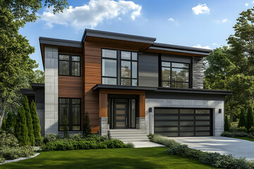 Neighborhood Real Estate Image - Modern two-story house with a mix of wood and stone elements, surrounded by greenery.