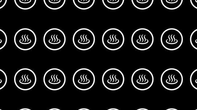 A seamless loop pattern of outlined circle onsen icons on a black background. The icons smoothly and repeatedly change size and move up and down, symbolizing Japanese hot spring and leisure