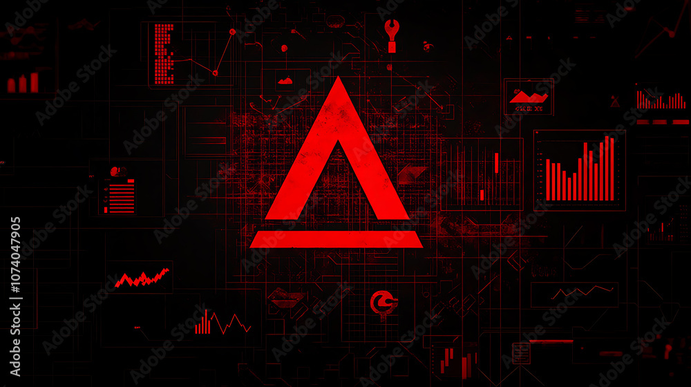 Poster A red exclamation mark in the shape of a triangle on a black background, with cyber security icons and graphs floating around it