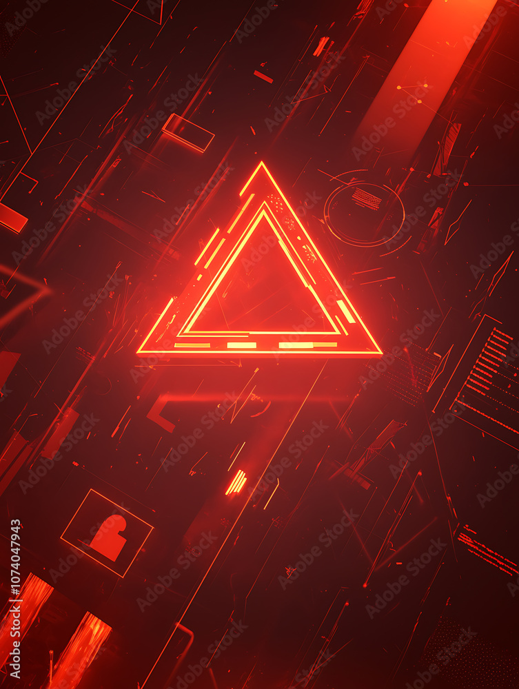 Leinwandbilder a red exclamation mark in the shape of a triangle on a black background, with cyber security icons a