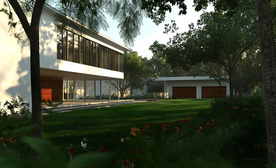 Neighborhood Real Estate Image - Modern house surrounded by greenery and a well-maintained garden.