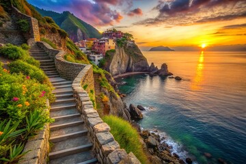 Fototapeta premium Breathtaking Sunset Over Stairways in Rock Along the Coastal Path of Love, Via dell'Amore, Cinque Terre, Italy with Vibrant Colors and Serene Ocean Views