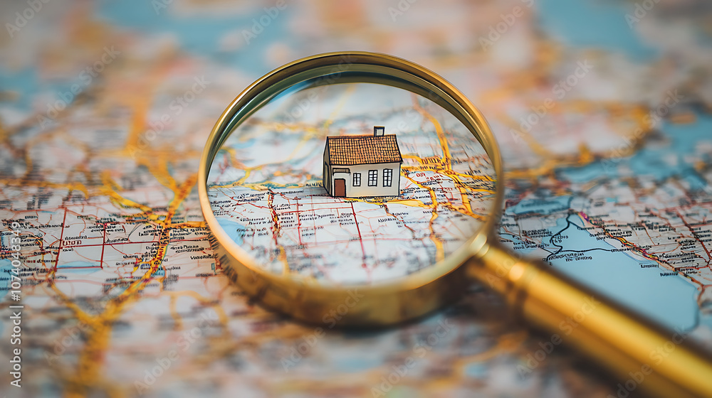 Poster magnifying glass over a map highlighting a house, symbolizing the search for a new home and the jour