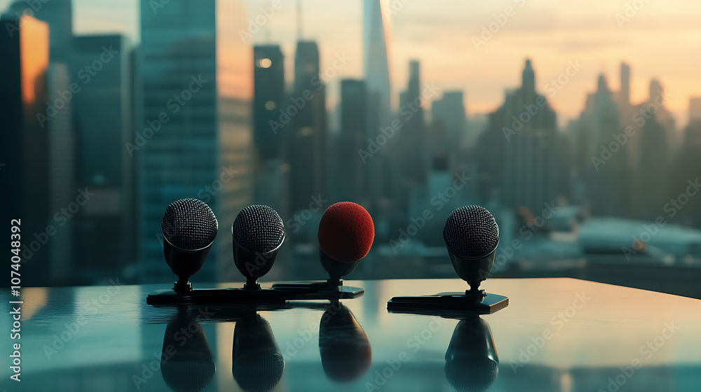 Poster microphones on a table with a cityscape backdrop, symbolizing journalism and media for daily breakin