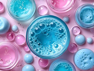 Colorful Bubbles and Gel Droplets on Pink Background