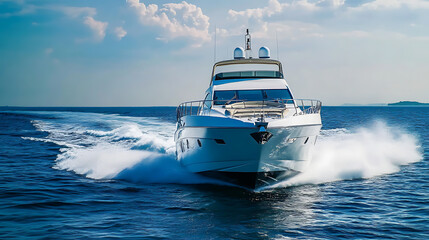 Naklejka premium Luxury motor yacht cruising in the sea with white exterior