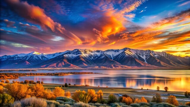 Breathtaking Time Lapse of Snowcapped Mountain Range at Sunset: A Stunning View of Mt Nebo Above Utah Lake Captured in Majestic Fashion Photography