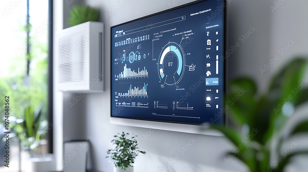 Poster Modern display showing data analysis for HVAC efficiency monitoring, highlighting energy cost calculations