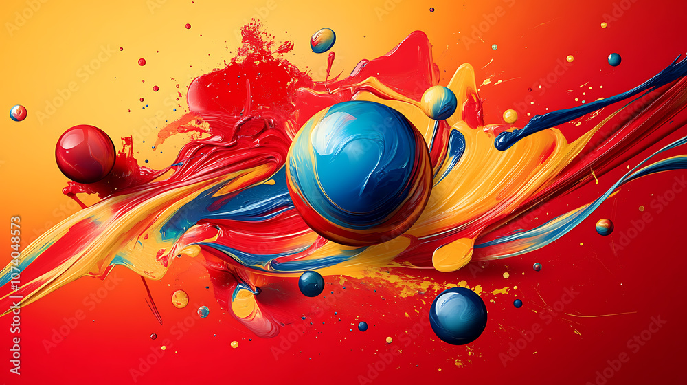 Poster abstract background with colorful paint strokes and spheres, dynamic shapes and lines in a red, blue